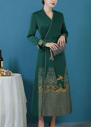 Women Green Tie Waist Print Silk Cinch Dress Fall