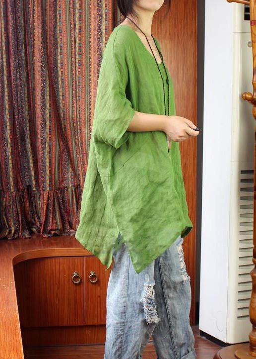 Women Green U Neck Linen Summer Shirt Tops - SooLinen