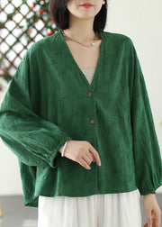 Women Green V Neck Button Coat Long Sleeve