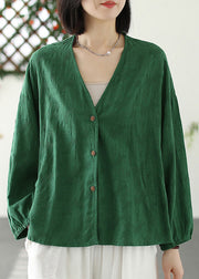 Women Green V Neck Button Coat Long Sleeve
