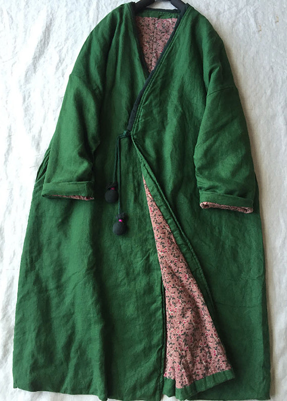 Women Green V Neck Button Cotton Filled Parka Long Coats Winter