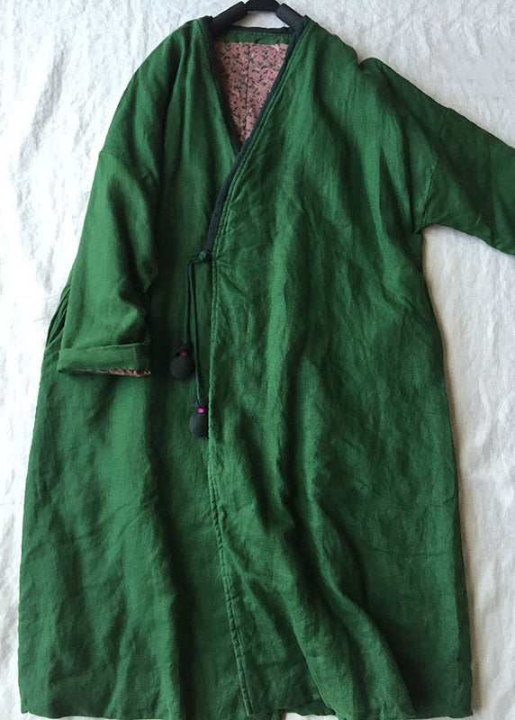 Women Green V Neck Button Cotton Filled Parka Long Coats Winter