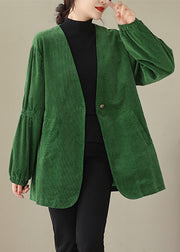 Women Green V Neck Button Pockets Corduroy Coats Fall