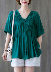 Frauen grüner V-Ausschnitt Knopf zerknitterte Baumwollhemd Tops Kurzarm