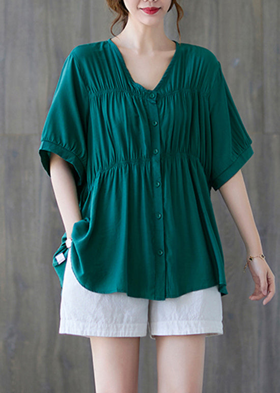 Women Green V Neck Buttton wrinkled Cotton Shirt Tops Short Sleeve