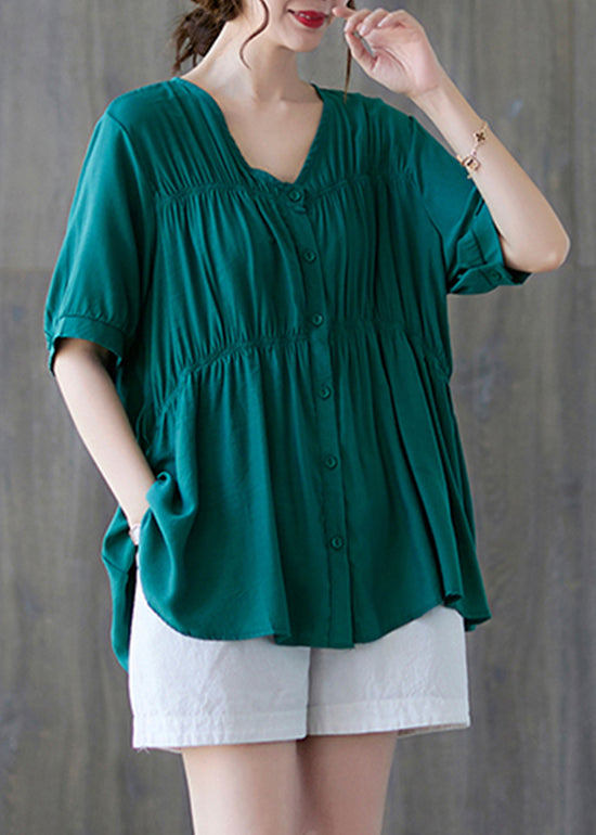 Frauen grüner V-Ausschnitt Knopf zerknitterte Baumwollhemd Tops Kurzarm