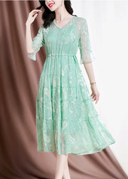 Women Green V Neck Embroidered Drawstring Silk Vacation Dresses Flare Sleeve