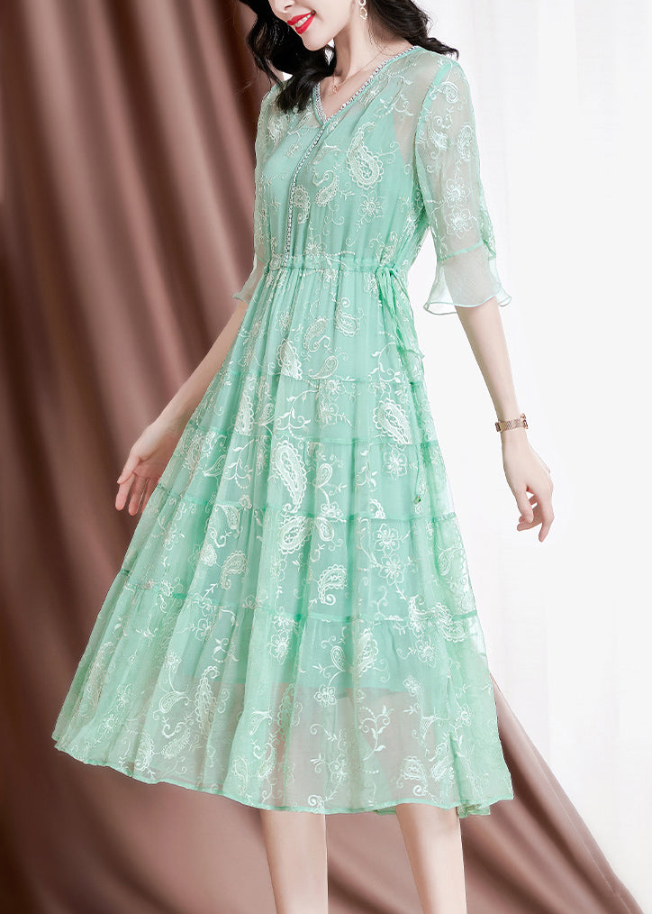 Women Green V Neck Embroidered Drawstring Silk Vacation Dresses Flare Sleeve