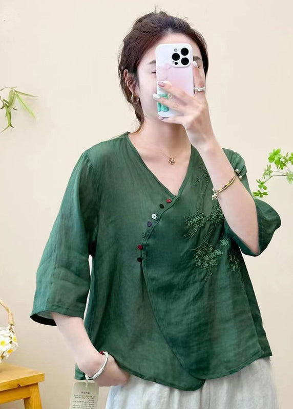Women Green V Neck Embroidered Patchwork Linen Tops Summer