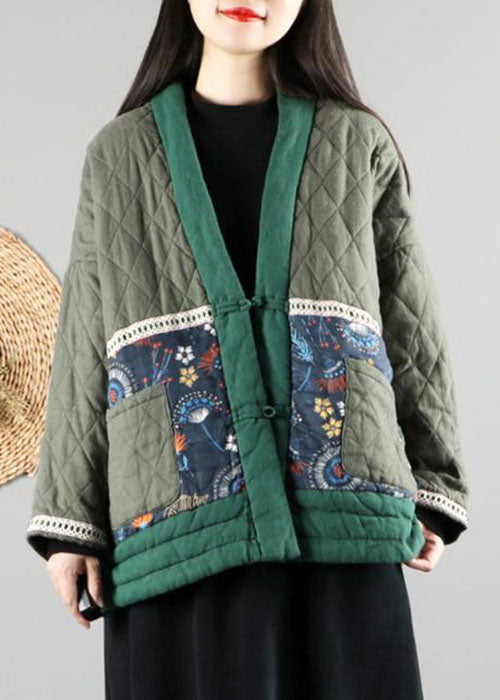 Frauen grüner V-Ausschnitt mit feiner Baumwolle gefüllte Puffers Jacken Winter