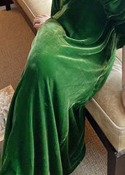 Women Green V Neck Nail Bead Patchwork Wrinkled Velour Dress Spring