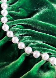 Women Green V Neck Nail Bead Patchwork Wrinkled Velour Dress Spring