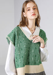 Women Green V Neck Patchwork Knit Tops Waistcoat Fall