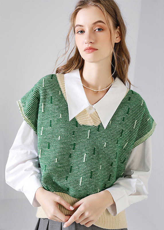 Women Green V Neck Patchwork Knit Tops Waistcoat Fall
