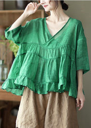 Women Green V Neck Patchwork Linen Tops Half Sleeve