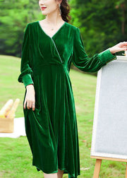 Women Green V Neck Patchwork Silk Velour Holiday Dress Spring
