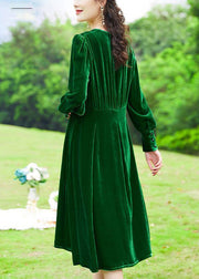 Women Green V Neck Patchwork Silk Velour Holiday Dress Spring