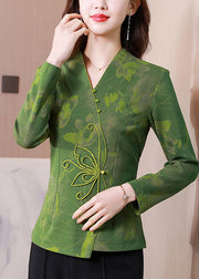 Women Green V Neck Patchwork Slim Fit Silk Tops Spring