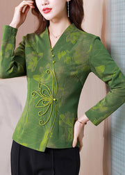 Women Green V Neck Patchwork Slim Fit Silk Tops Spring