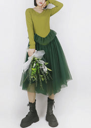 Frauen Grün V-Ausschnitt Patchwork Tüll Extra Großer Saum Baumwolle Langes Kleid Langarm