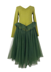 Women Green V Neck Patchwork Tulle Exra Large Hem Cotton Long Dress Long Sleeve