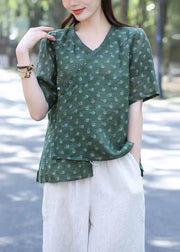 Women Green V Neck Print Patchwork Linen Blouses Summer