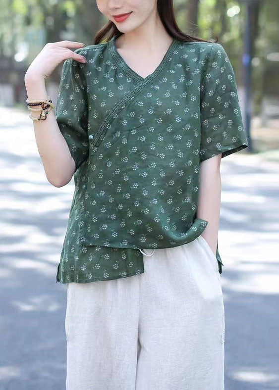 Women Green V Neck Print Patchwork Linen Blouses Summer