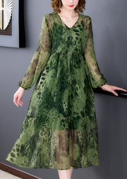 Frauen Grün V-Ausschnitt Rüschen Drucken Chiffon Langes Kleid Zweiteiler Langarm