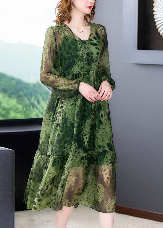 Frauen Grün V-Ausschnitt Rüschen Drucken Chiffon Langes Kleid Zweiteiler Langarm