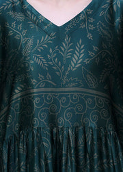 Women Green V Neck Wrinkled Print Silk Maxi Dresses Bracelet Sleeve