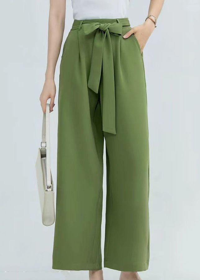 Women Green Wrinkled Bow Pockets Cotton Crop Pants Summer