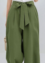 Women Green Wrinkled Bow Pockets Cotton Crop Pants Summer