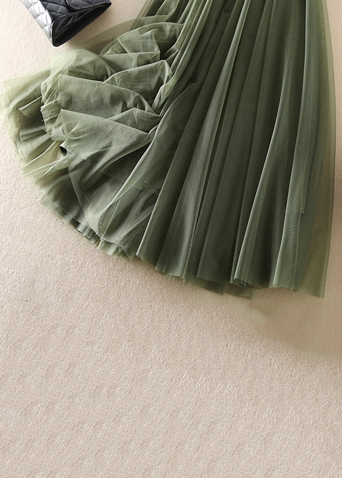Women Green Wrinkled Elastic Waist Patchwork Tulle Skirts Fall