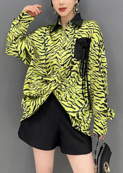 Women Green Zebra Pattern Patchwork Pocket Chiffon Tops Spring