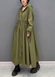 Women Green Zippered Wrinkled Hooded Long Trench Coats Spring