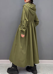 Women Green Zippered Wrinkled Hooded Long Trench Coats Spring
