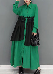 Women Green button Peter Pan Collar lace Patchwork shirt Dress spring