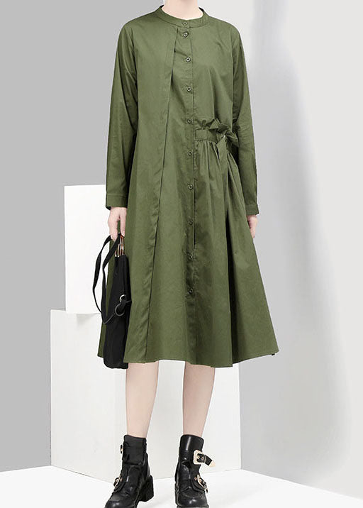 Women Green button asymmetrical design Stand Collar shirt Dresses Spring