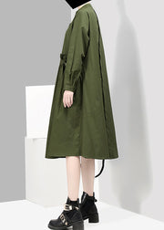 Women Green button asymmetrical design Stand Collar shirt Dresses Spring