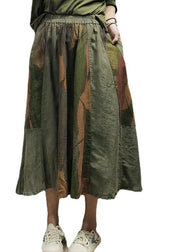Women Green elastic waist Pockets Print Patchwork Linen Skirts Spring