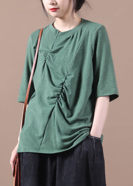 Women Green wrinkled Knit Blouses Half Sleeve