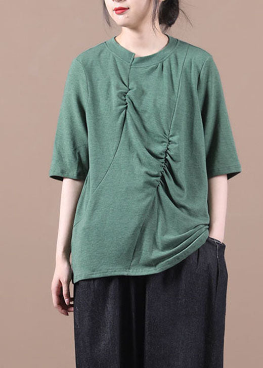 Women Green wrinkled Knit Blouses Half Sleeve
