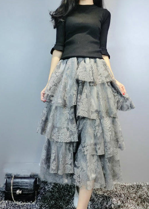 Women Grey Asymmetrical fashion Lace Skirt Spring
