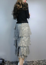 Women Grey Asymmetrical fashion Lace Skirt Spring