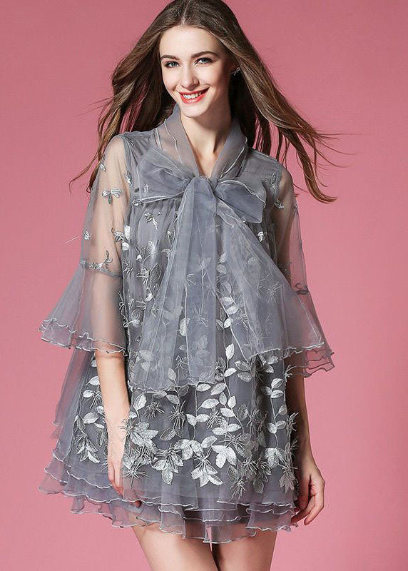 Women Grey Bow Embroidered Hollow Out Organza Dress Summer