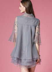 Women Grey Bow Embroidered Hollow Out Organza Dress Summer
