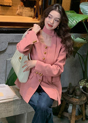 Women Grey Button Pockets Patchwork Cotton Coat Long Sleeve