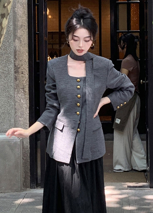Women Grey Button Pockets Patchwork Cotton Coat Long Sleeve