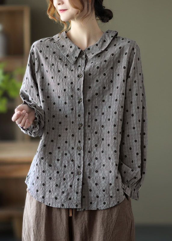 Women Grey Button Ruffled Dot Fall Shirt Tops Long sleeve