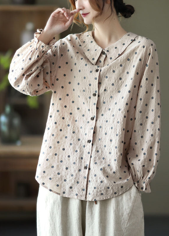 Women Grey Button Ruffled Dot Fall Shirt Tops Long sleeve